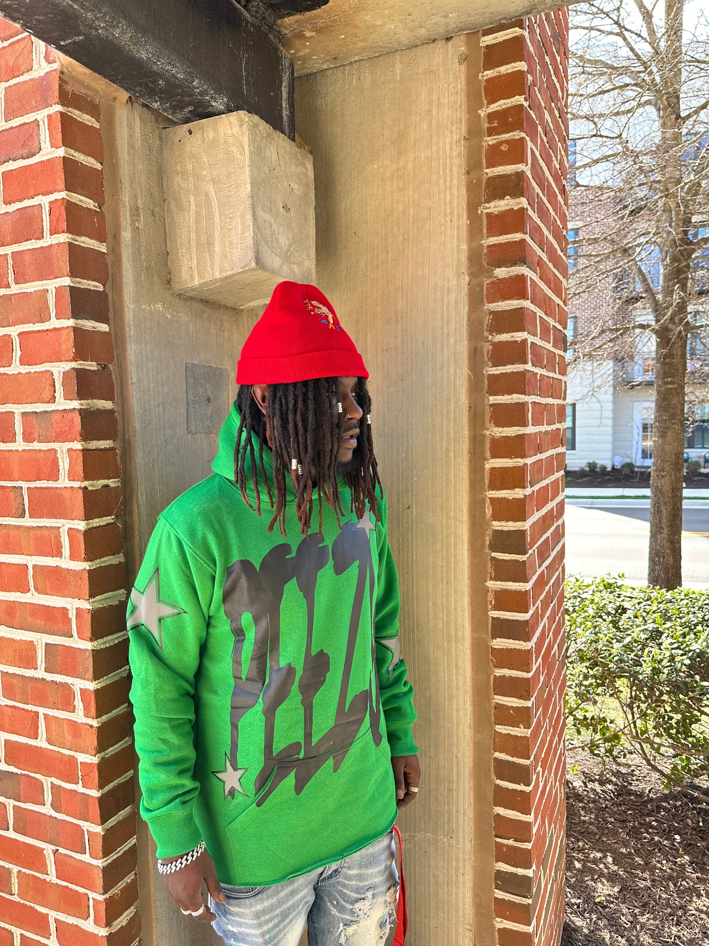 Green 'PEEZY' Hoodie (Photo Reflective Stars)